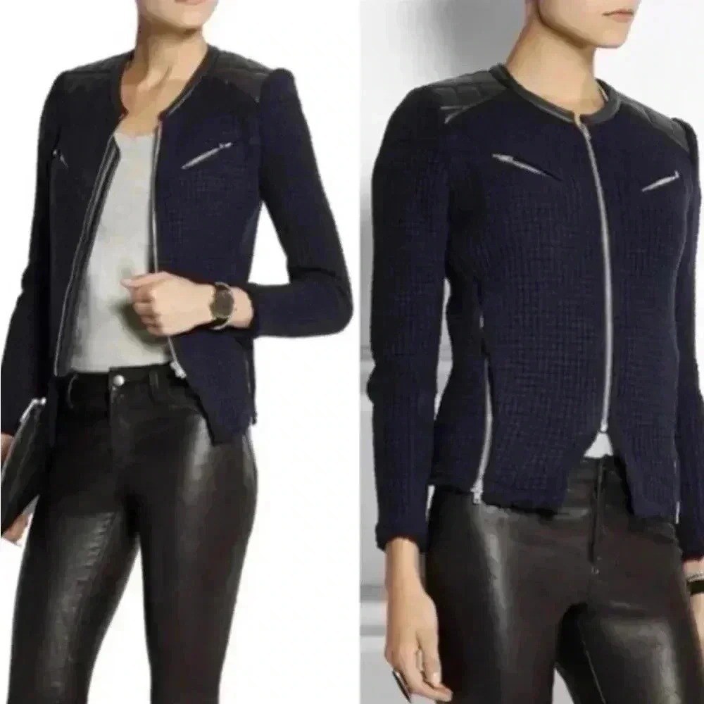 IRO Ceylona Leather Trimmed Navy & Black Knit Jacket Sz 38 (M) US Sz 6